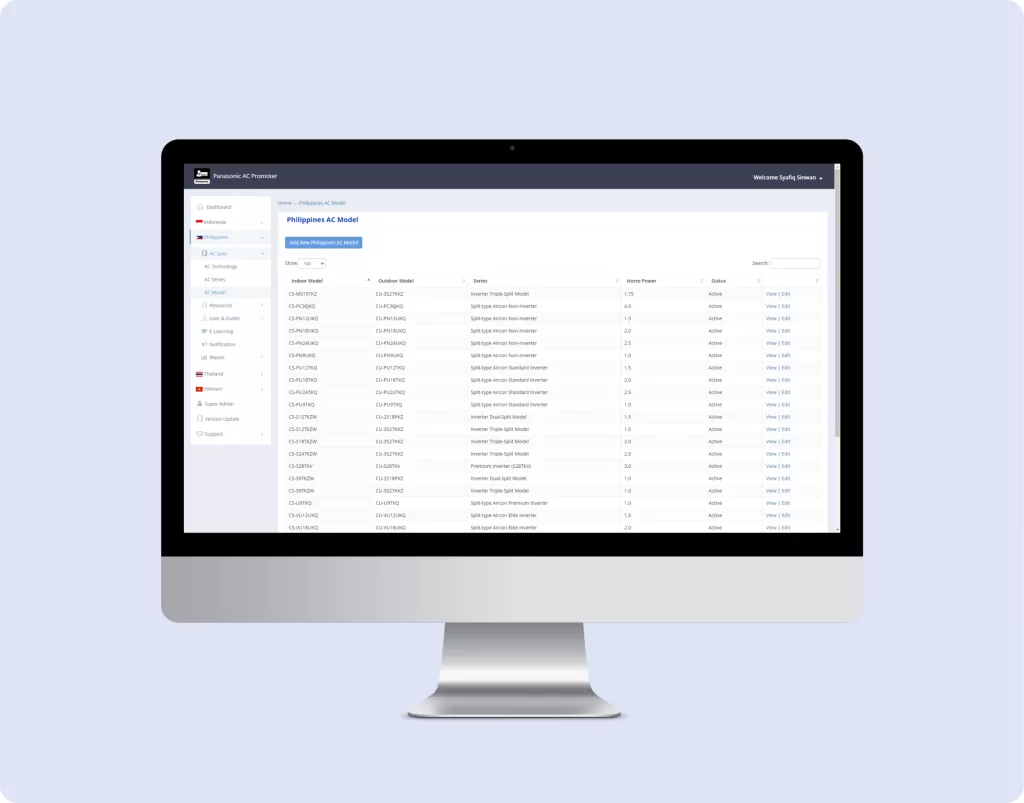 Panasonic AC Promoter Web App Interface